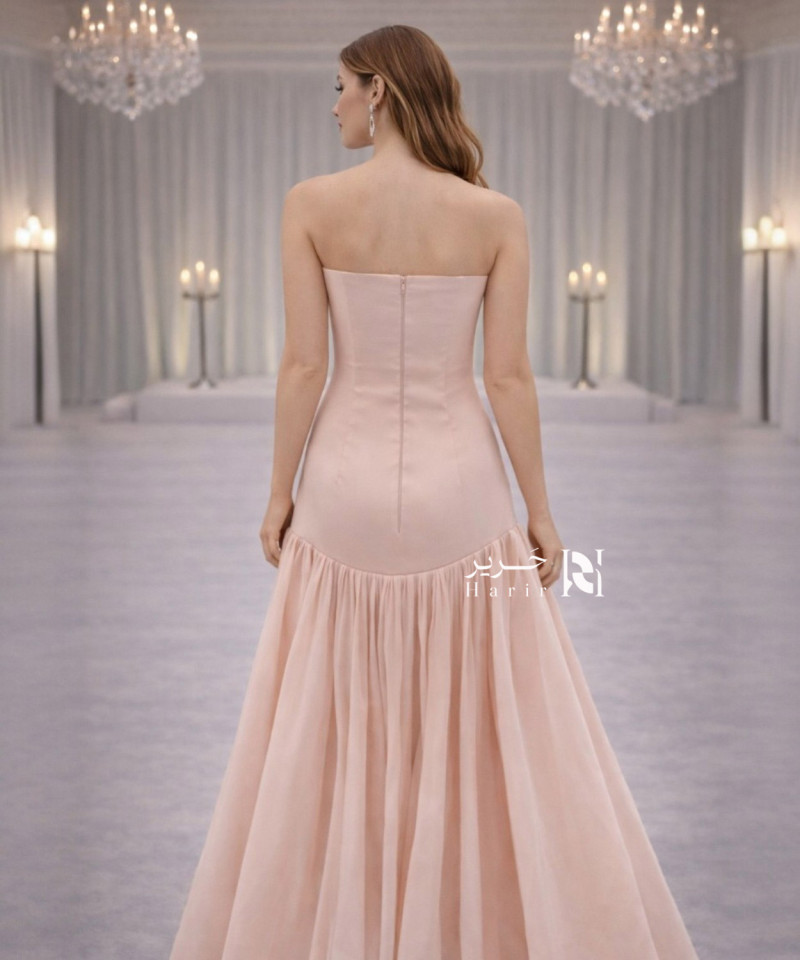 Light Pink Evening Dress – Luxury Satin Strapless with Flared Flowing Skirt