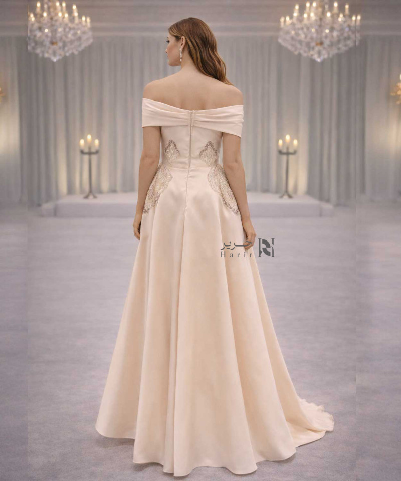 Champagne Off-Shoulder Sequin Embellished Evening Dress