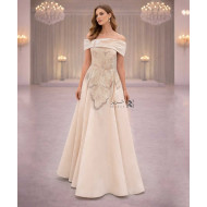 Champagne Off-Shoulder Sequin Embellished Evening Dress