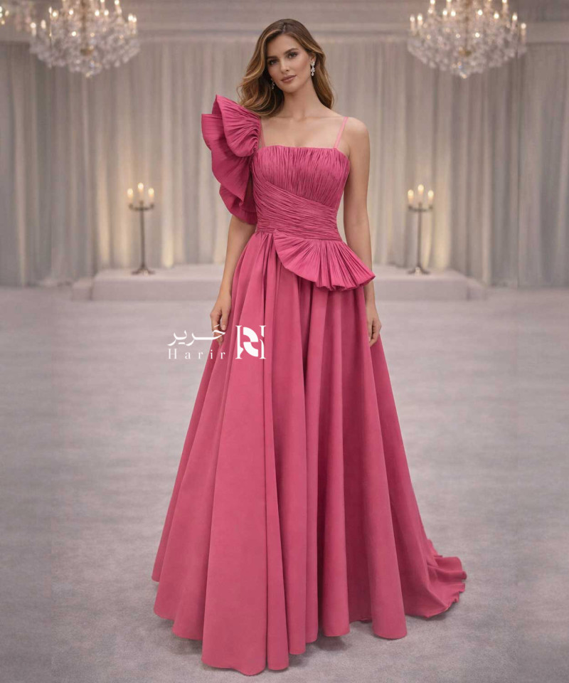 Pink One-Shoulder Ruffled Elegant Evening Dress