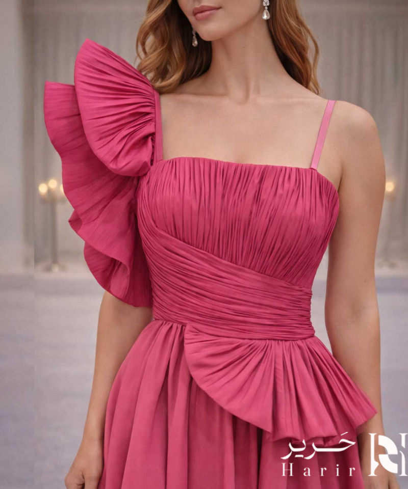 Pink One-Shoulder Ruffled Elegant Evening Dress