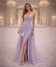 Lilac Strapless Glitter Evening Dress with Front Slit and Sheer Overlay