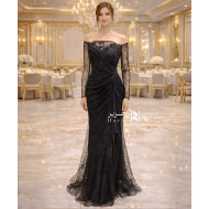 Black Off-Shoulder Lace Evening Dress with Sheer Sleeves