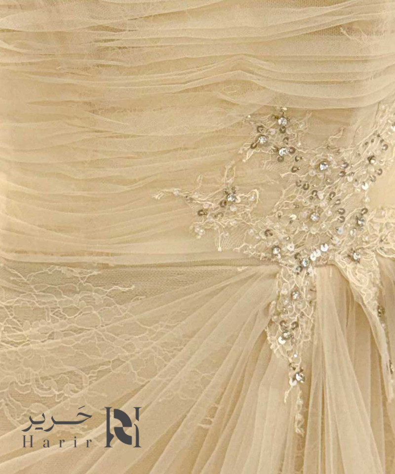 فستان سهرة بيج شامبين بتصميم أوف شولدر وأكمام طويلة
