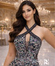 Black Floral Embroidered Halter Evening Dress
