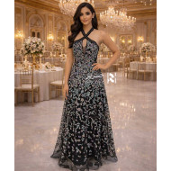 Black Floral Embroidered Halter Evening Dress