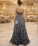 Black Floral Embroidered Halter Evening Dress