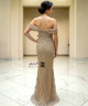 Champagne off-shoulder mermaid evening dress with crystal beaded embroidery and side slit.