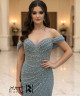 Dusty blue off-shoulder mermaid evening dress with crystal beaded embroidery.