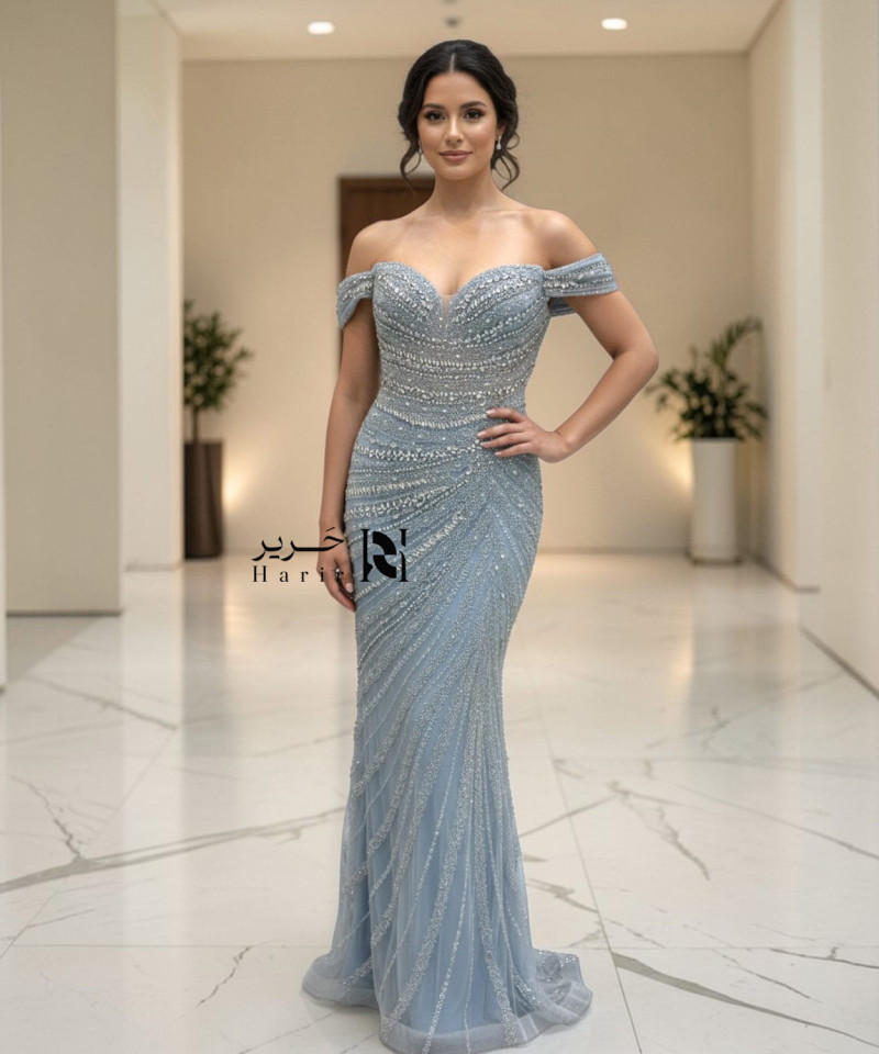 Dusty blue off-shoulder mermaid evening dress with crystal beaded embroidery.