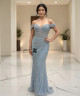 Dusty blue off-shoulder mermaid evening dress with crystal beaded embroidery.