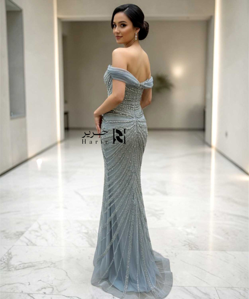 Dusty blue off-shoulder mermaid evening dress with crystal beaded embroidery.