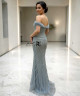 Dusty blue off-shoulder mermaid evening dress with crystal beaded embroidery.