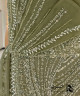 Olive green one-shoulder evening dress with beaded embroidery and side tulle drape.