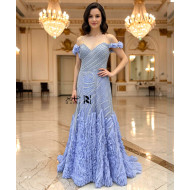 Light Blue Beaded Off-Shoulder Occasion Dress