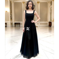Black Beaded Evening Occasion Dress – Square Neck