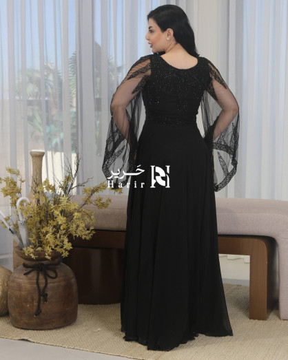 Black Chiffon Gown with Sweetheart Neckline and Embroidered Sheer Sleeves -