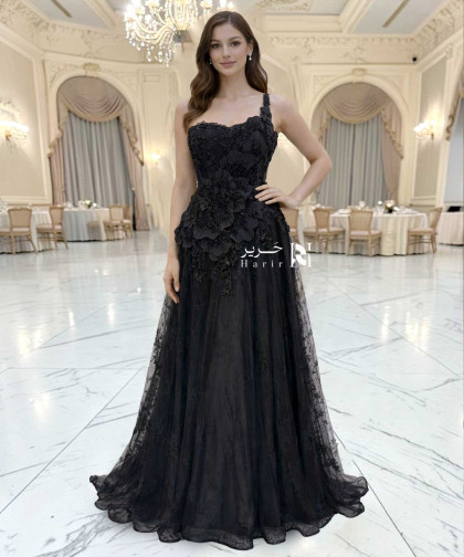 فستان سهرة أسود فاخر بتطريز خرز ثلاثي الأبعاد وقصة كتف واحد