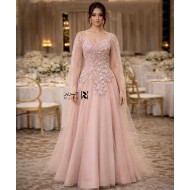 Luxury Blush Pink Evening Dress with 3D Hand Embroidery, Sheer Tulle Sleeves & Sweetheart Neckline