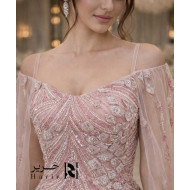Luxury Blush Pink Evening Dress with 3D Hand Embroidery, Sheer Tulle Sleeves & Sweetheart Neckline