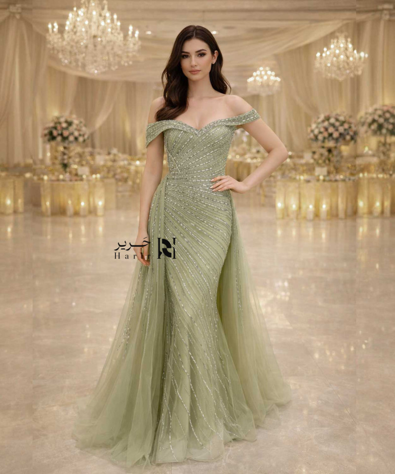 Luxury Olive Green Off-Shoulder Evening Dress with Beaded Embellishment & Tulle Train