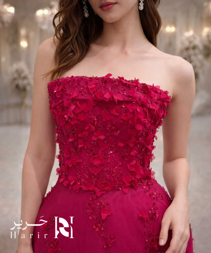 EN: Royal Red Evening Gown with 3D Floral Embroidery & Corset Back Design