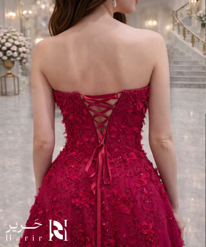 EN: Royal Red Evening Gown with 3D Floral Embroidery & Corset Back Design