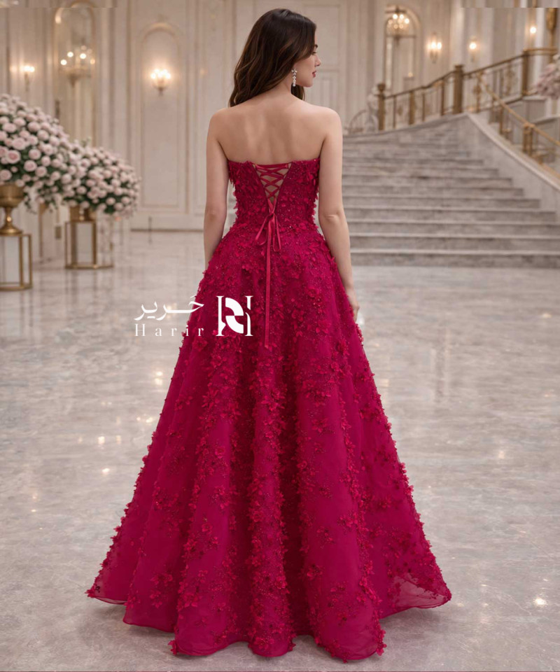 EN: Royal Red Evening Gown with 3D Floral Embroidery & Corset Back Design