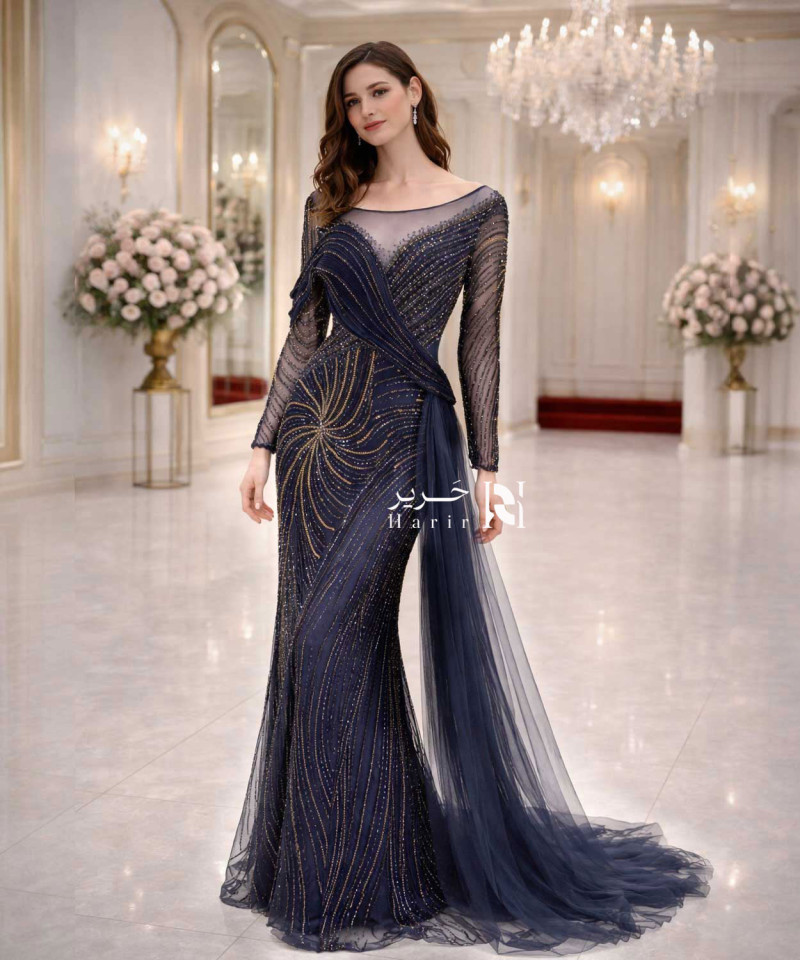 EN: Luxury Navy Evening Gown with Starburst Embroidery & Draped Tulle Train