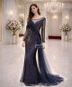 EN: Luxury Navy Evening Gown with Starburst Embroidery & Draped Tulle Train