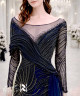 EN: Luxury Navy Evening Gown with Starburst Embroidery & Draped Tulle Train