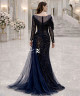 EN: Luxury Navy Evening Gown with Starburst Embroidery & Draped Tulle Train