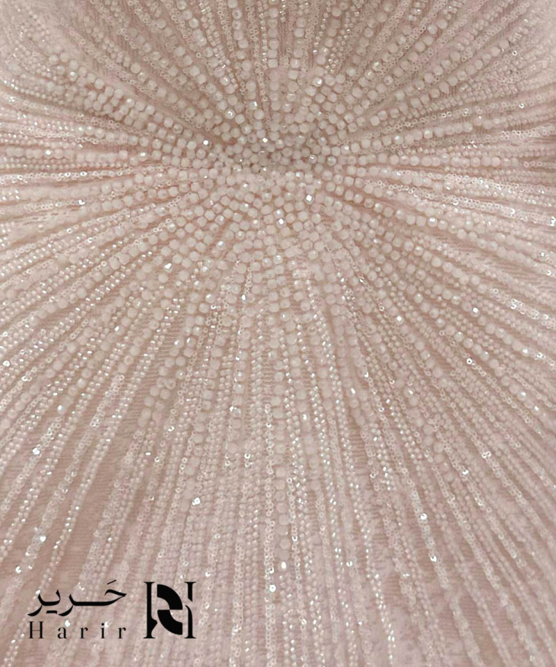 فستان سهرة شامبين لؤلؤي بتصميم كورسيه فاخر وتطريز إشعاعي ناعم