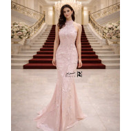 Blush Pink Evening Gown with High Neck & Floral Embellishments
