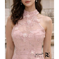 Blush Pink Evening Gown with High Neck & Floral Embellishments