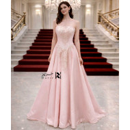 Blush Champagne Evening Gown with Embroidered Corset & A-Line Skirt