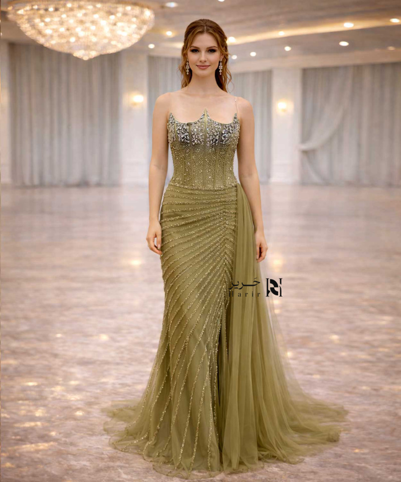 Olive Green Crystal Embellished Evening Gown with Chiffon Train