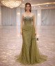 Olive Green Crystal Embellished Evening Gown with Chiffon Train