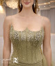 Olive Green Crystal Embellished Evening Gown with Chiffon Train