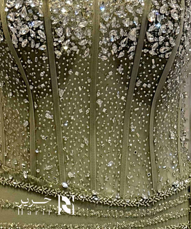 Olive Green Crystal Embellished Evening Gown with Chiffon Train