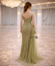 Olive Green Crystal Embellished Evening Gown with Chiffon Train