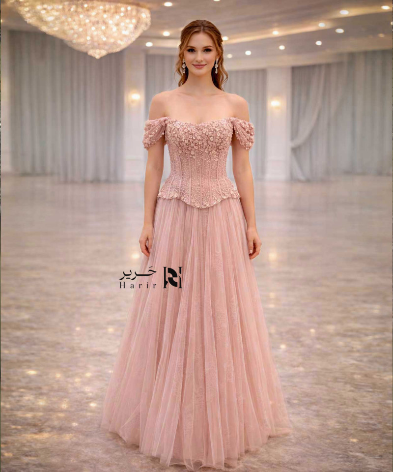 Blush Pink 3D Floral Corset Evening Gown