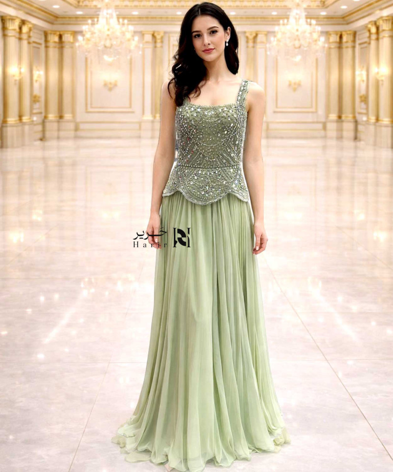 Luxury Olive Green Crystal Embellished Evening Gown