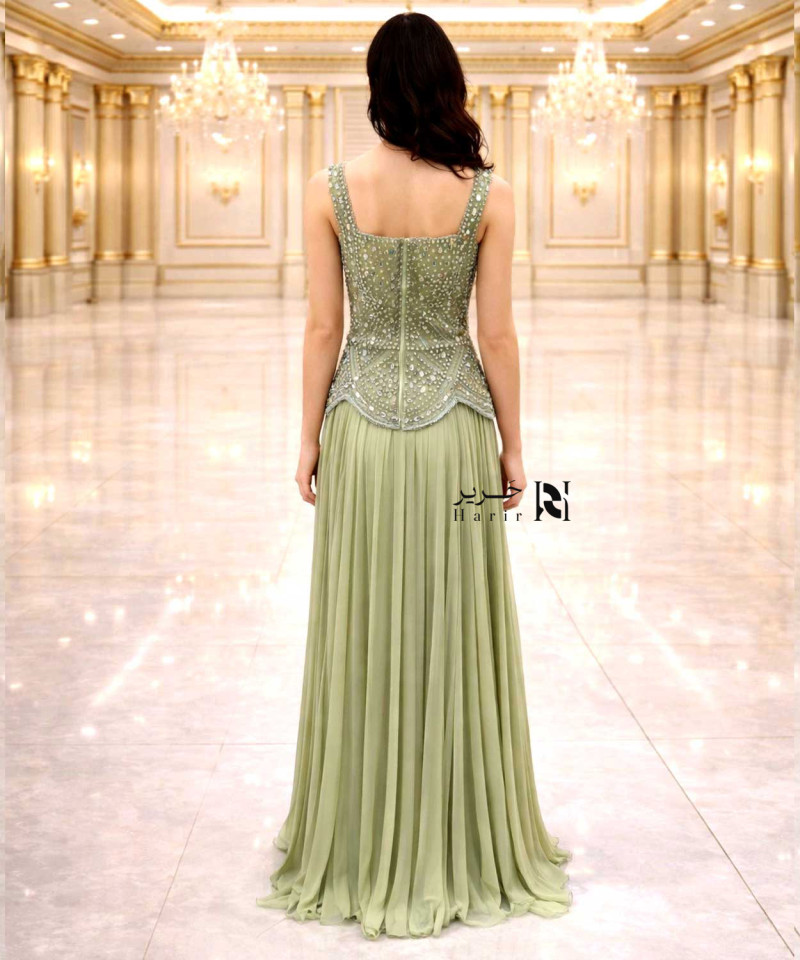 Luxury Olive Green Crystal Embellished Evening Gown