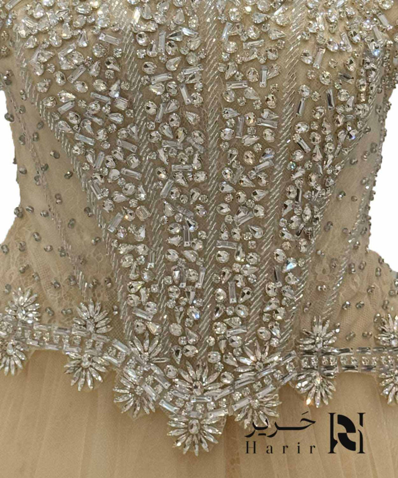 Gold Evening Gown with Crystal-Embellished Corset and Soft Tulle Skirt