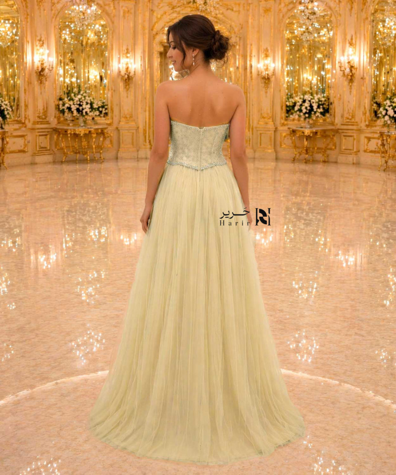 Gold Evening Gown with Crystal-Embellished Corset and Soft Tulle Skirt