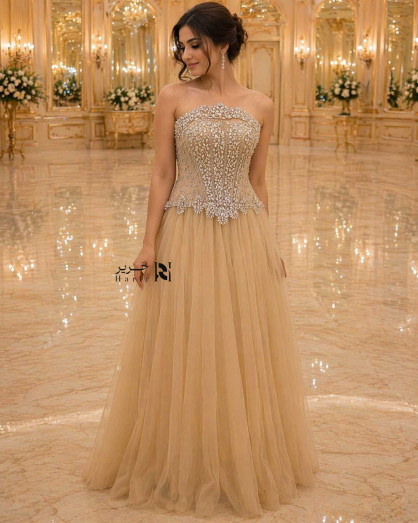 Gold Evening Gown with Crystal-Embellished Corset and Soft Tulle Skirt