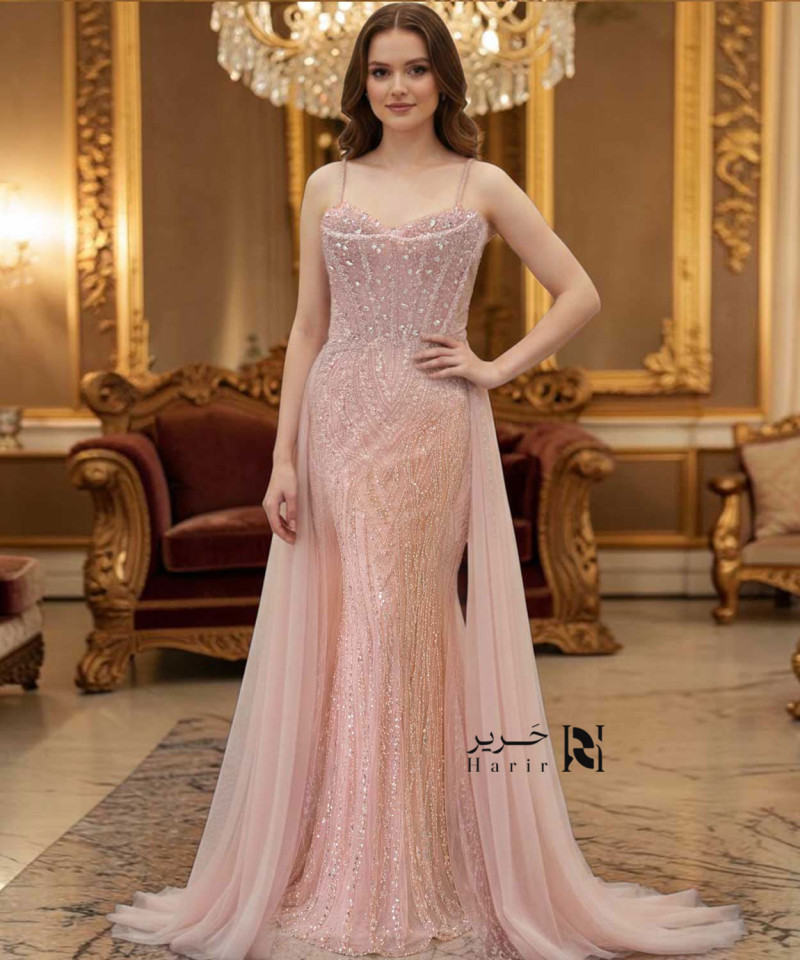 Luxury Blush Pink Evening Gown with Crystal-Embellished Corset and Soft Tulle Skirt
