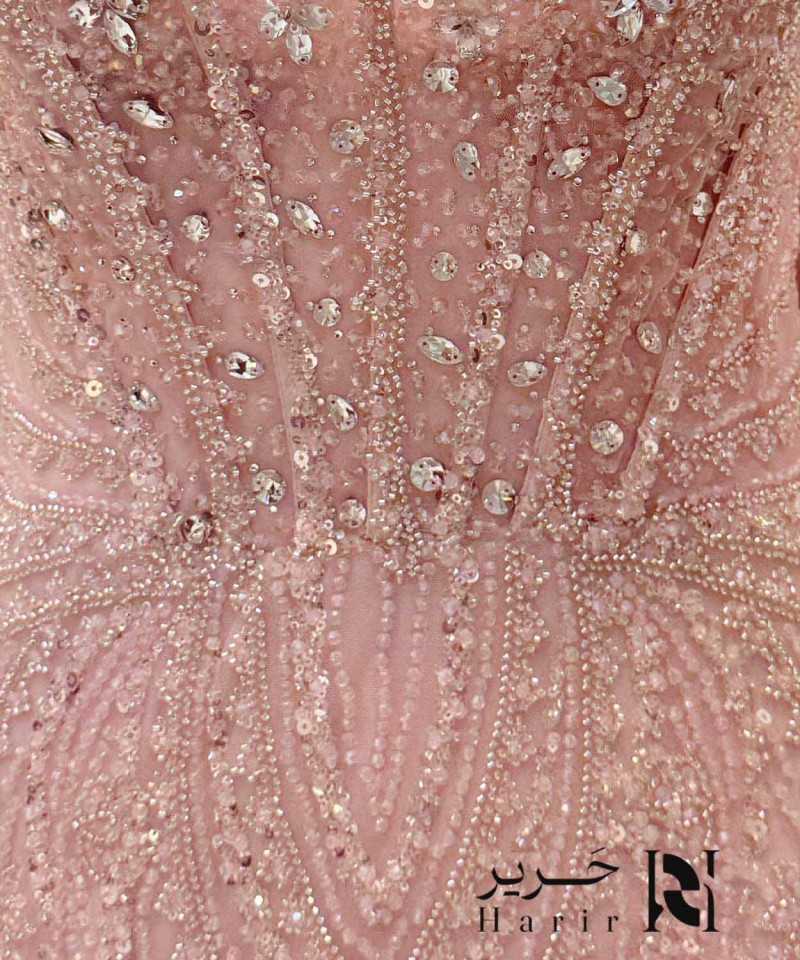 Luxury Blush Pink Evening Gown with Crystal-Embellished Corset and Soft Tulle Skirt
