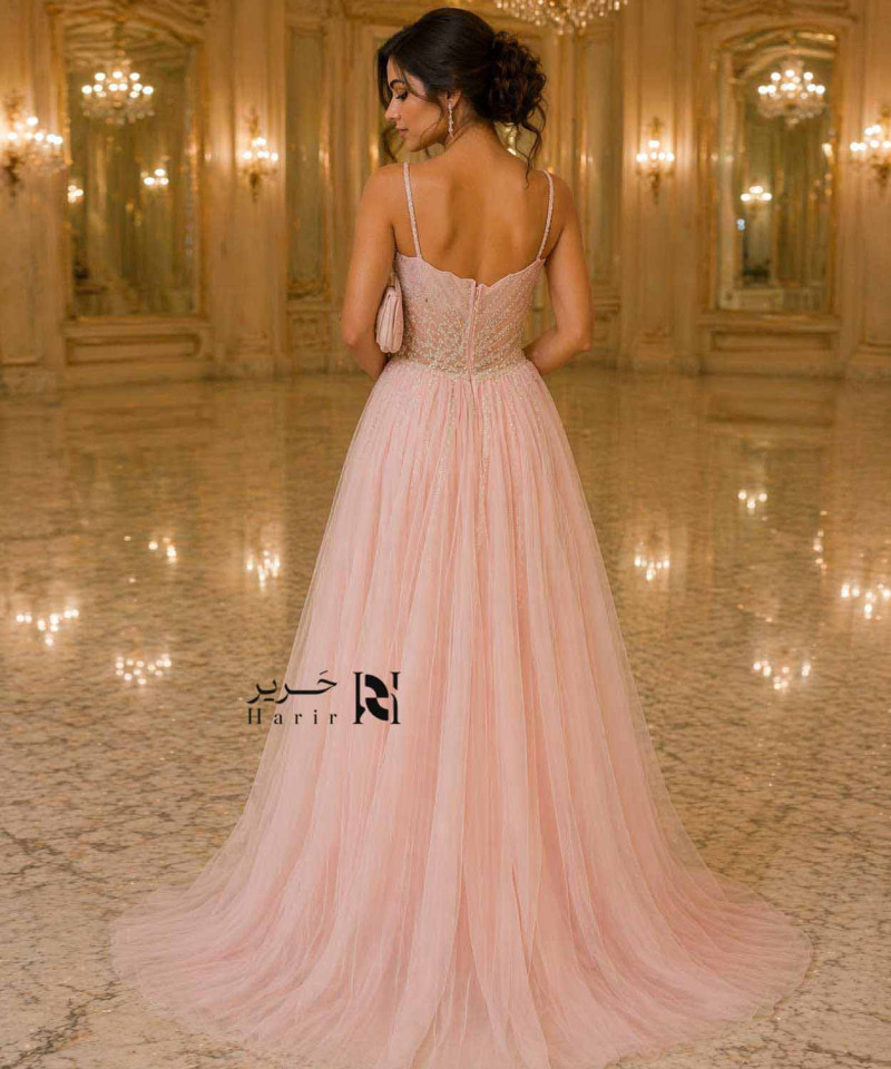 Luxury Blush Pink Evening Gown with Crystal-Embellished Corset and Soft Tulle Skirt